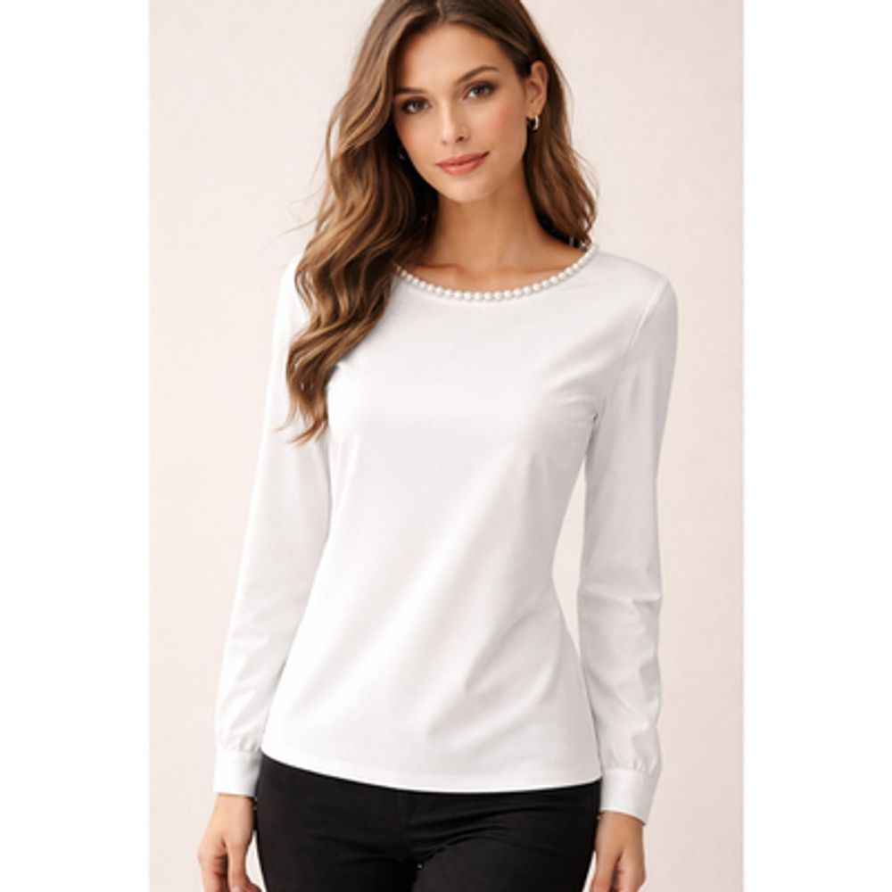 Talbots White Pearl Embellished Top Petite Medium